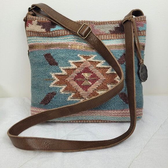 Catchfly Handbags - Catchfly Studio Aztec Rug Southwest Beaded Boho Aqua Brown Leather Crossbody Bag